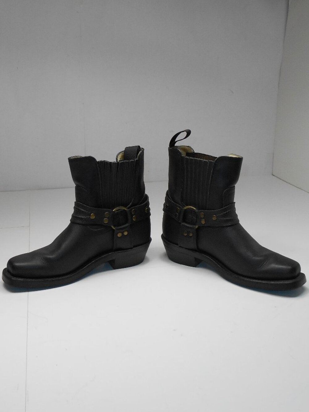 Boulet Black Leather Harness Biker Buckle Ankle Boots Square Toe Women's Size 7